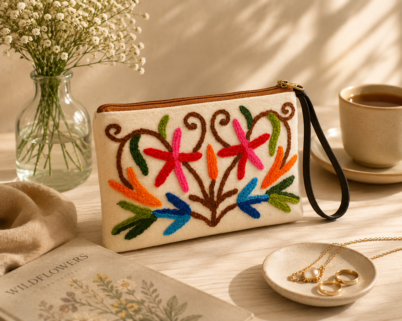 Floral Embroidered Canvas Pouch