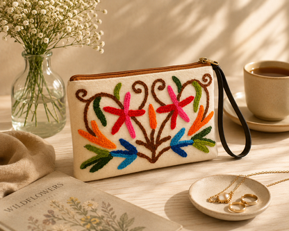 Floral Embroidered Canvas Pouch