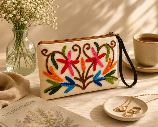 Floral Embroidered Canvas Pouch