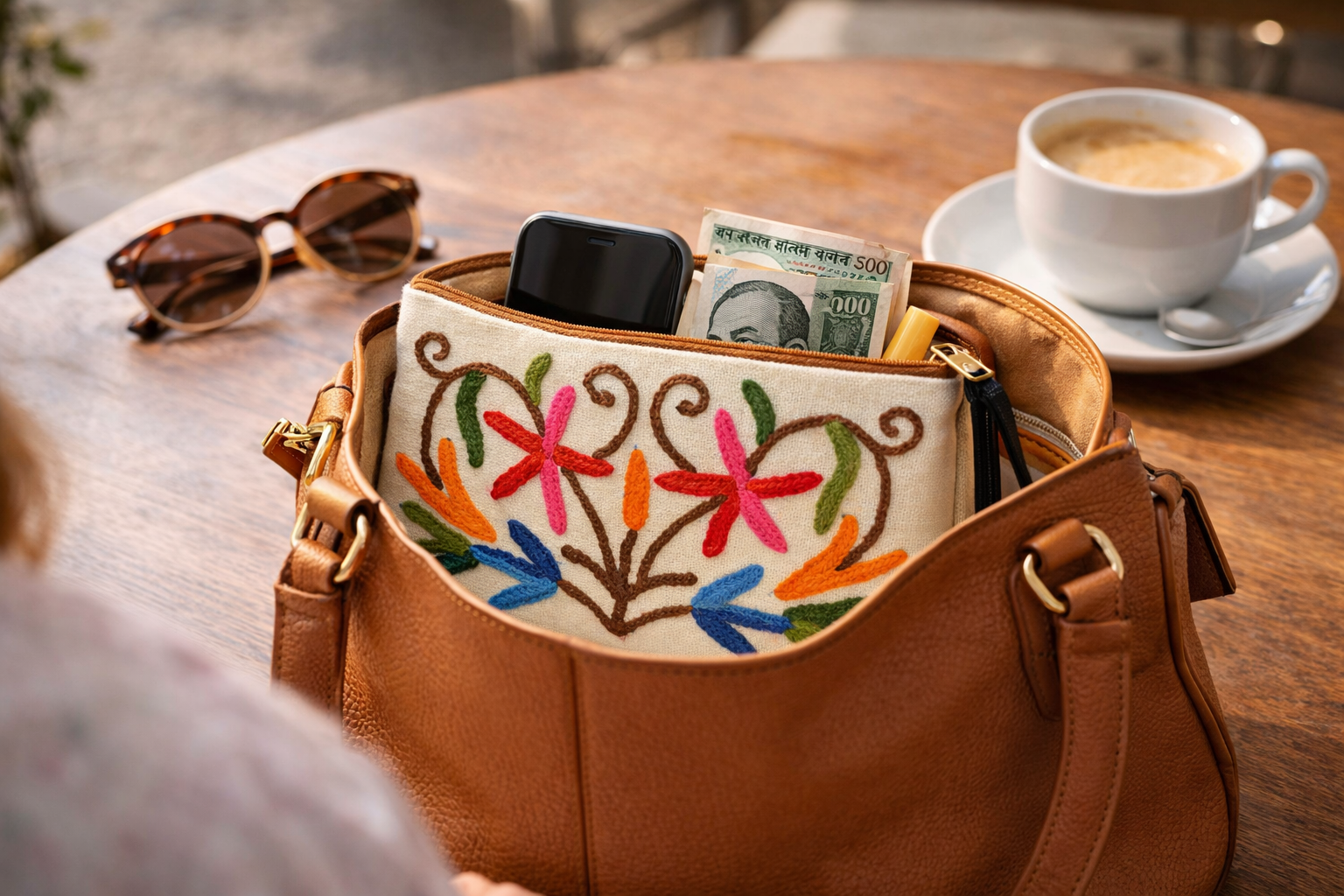 Floral Embroidered Canvas Pouch