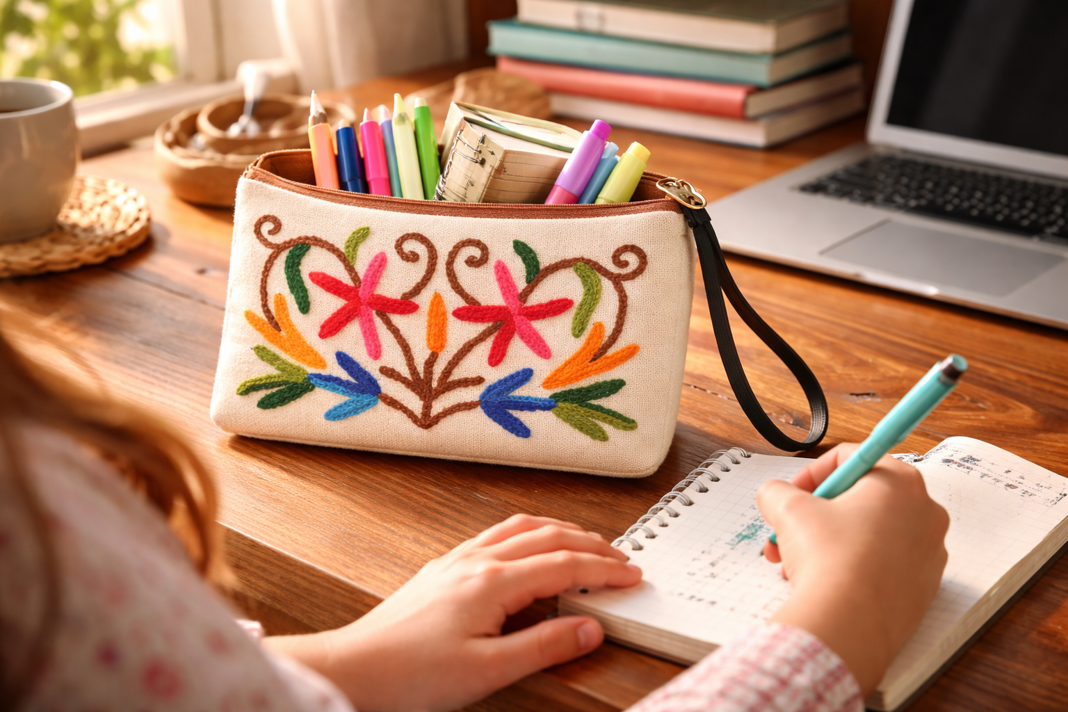Floral Embroidered Canvas Pouch
