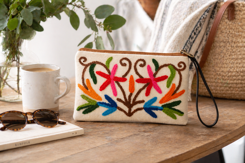 Floral Embroidered Canvas Pouch