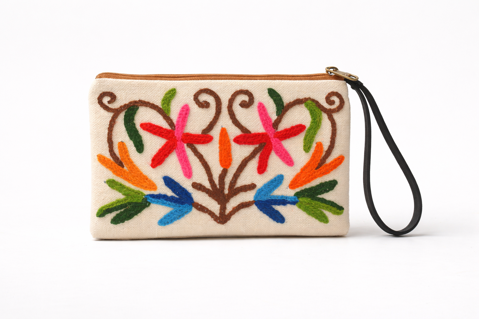 Floral Embroidered Canvas Pouch